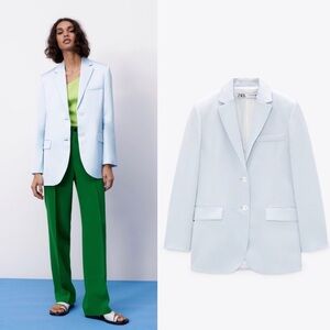 Zara Light Blue Straight Cut Blazer Limited Edition Silky Linen Blend Bloggers